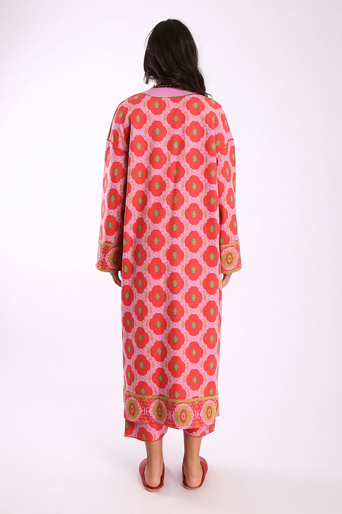 Long printed coat in cotton and viscose cashmere with pockets